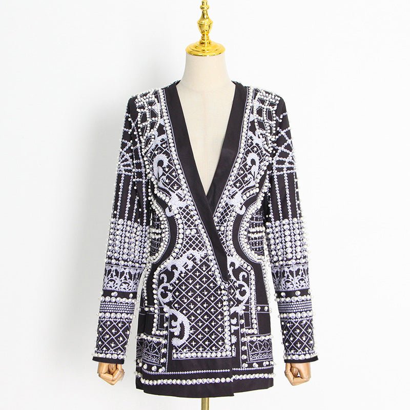 Blazer Vintage Orné de Perles et Perles de Rocaille | Veste de Luxe à Imprimé Géométrique (MS218)