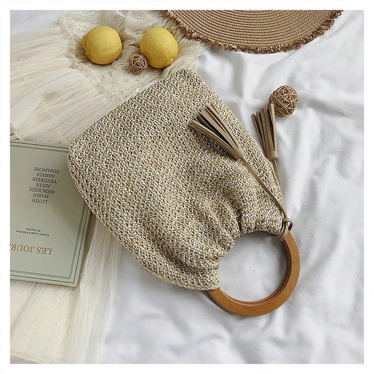 MAC132 Sac seau de plage en paille tendance, simple, avec pompon