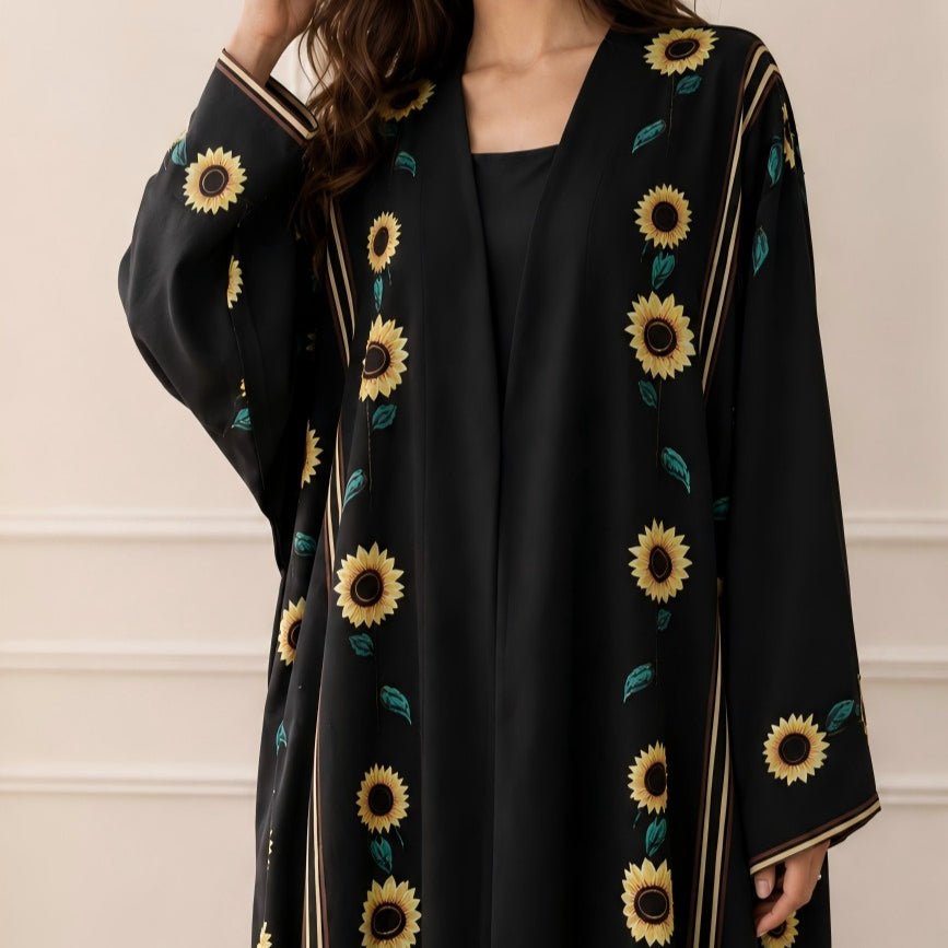 Abaya ouverte imprimé tournesol avec liseré doré (MOA338)