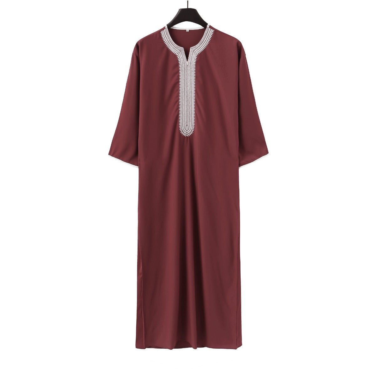 Robe Musulmane Thobe à Col en V avec Broderie et Coutures Géométriques, Manches Courtes Mi-longues (MT030)