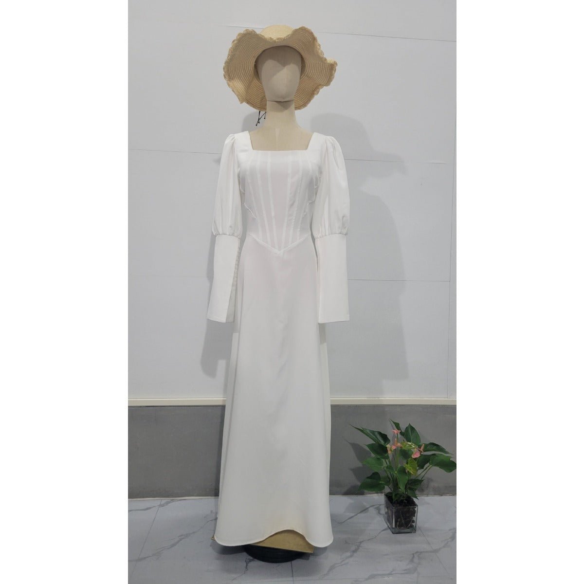 Élégante robe abaya modeste à col carré, manches longues bouffantes, blanche (MA228)
