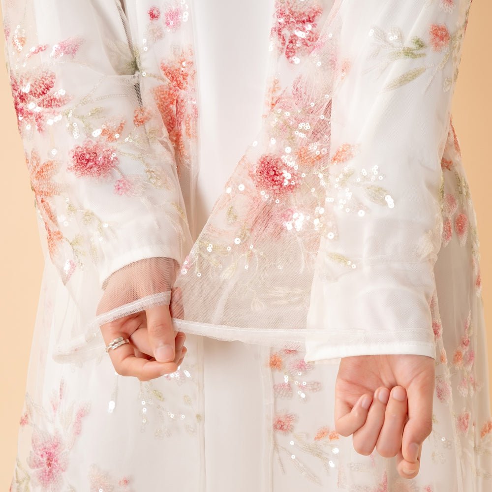Abaya ouverte de luxe brodée de sequins floraux 3D pour mariages et l'Aïd (MOA306)