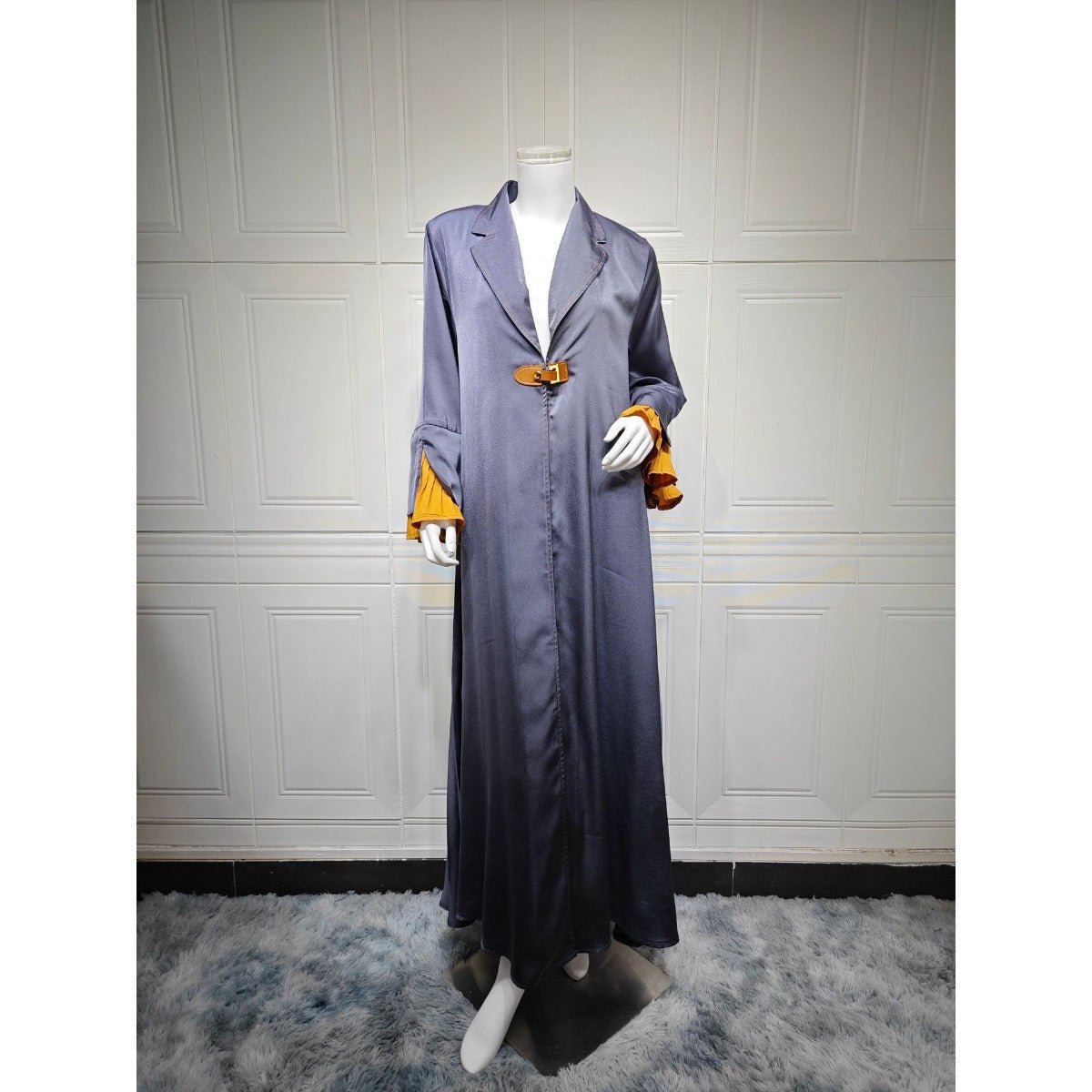 Robe Peignoir en Suède de Luxe | Bleu Marine Maxi avec Détails Dorés & Manches Cloche (MOA200)
