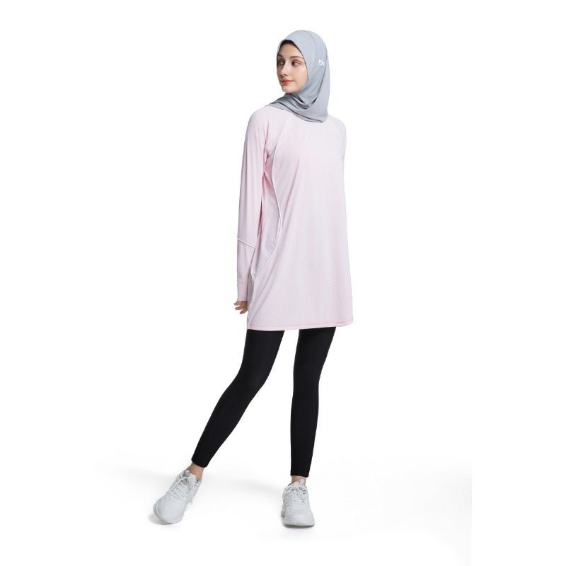 Haut de sport modeste à manches longues pour femme, séchage rapide | Tunique athlétique en polyester pour yoga, lignes épurées (MS114)