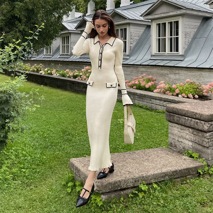Robe Pull Midi en Maille avec Finitions Volantées de Luxe Française | Robe Pull Midi à Col (MS199)