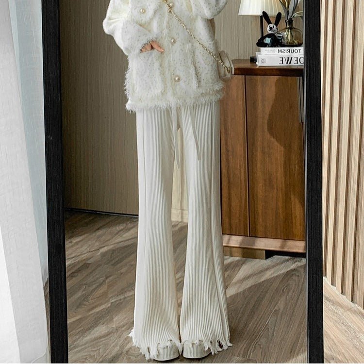 Pantalon large en maille côtelée effet effiloché | Pantalon évasé taille haute à cordon de serrage (MS164)
