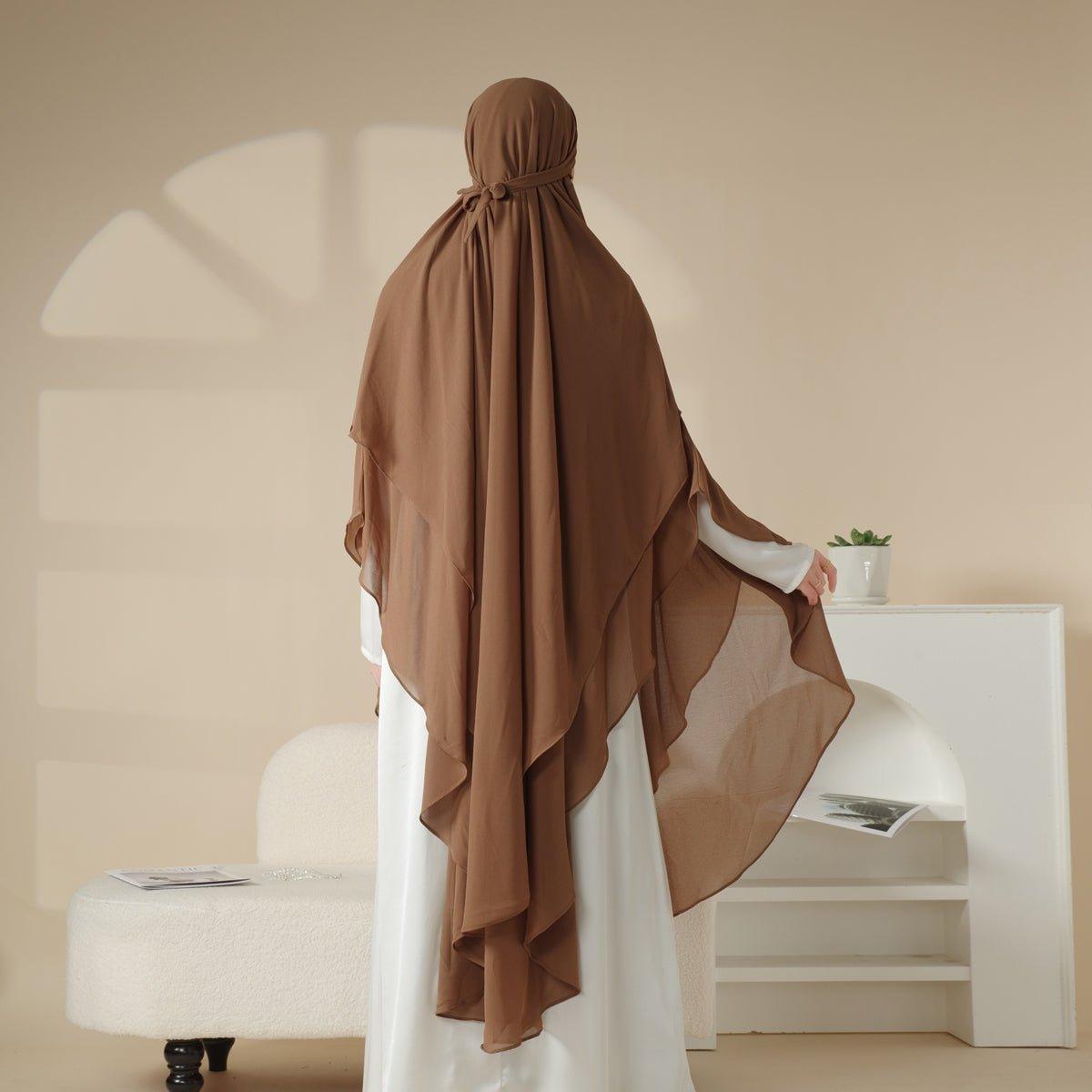 MK018 Khimar Long en Mousseline à Double Couches, Devant et Dos