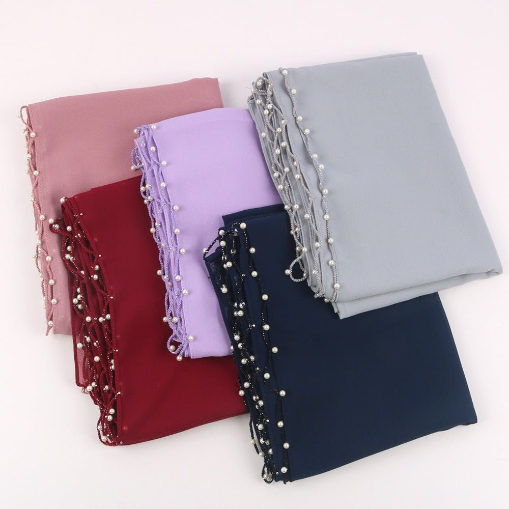 Hijab en Chiffon Uni avec Bordure Perlée Délicate, Vague Ornée de Perles (MH139)