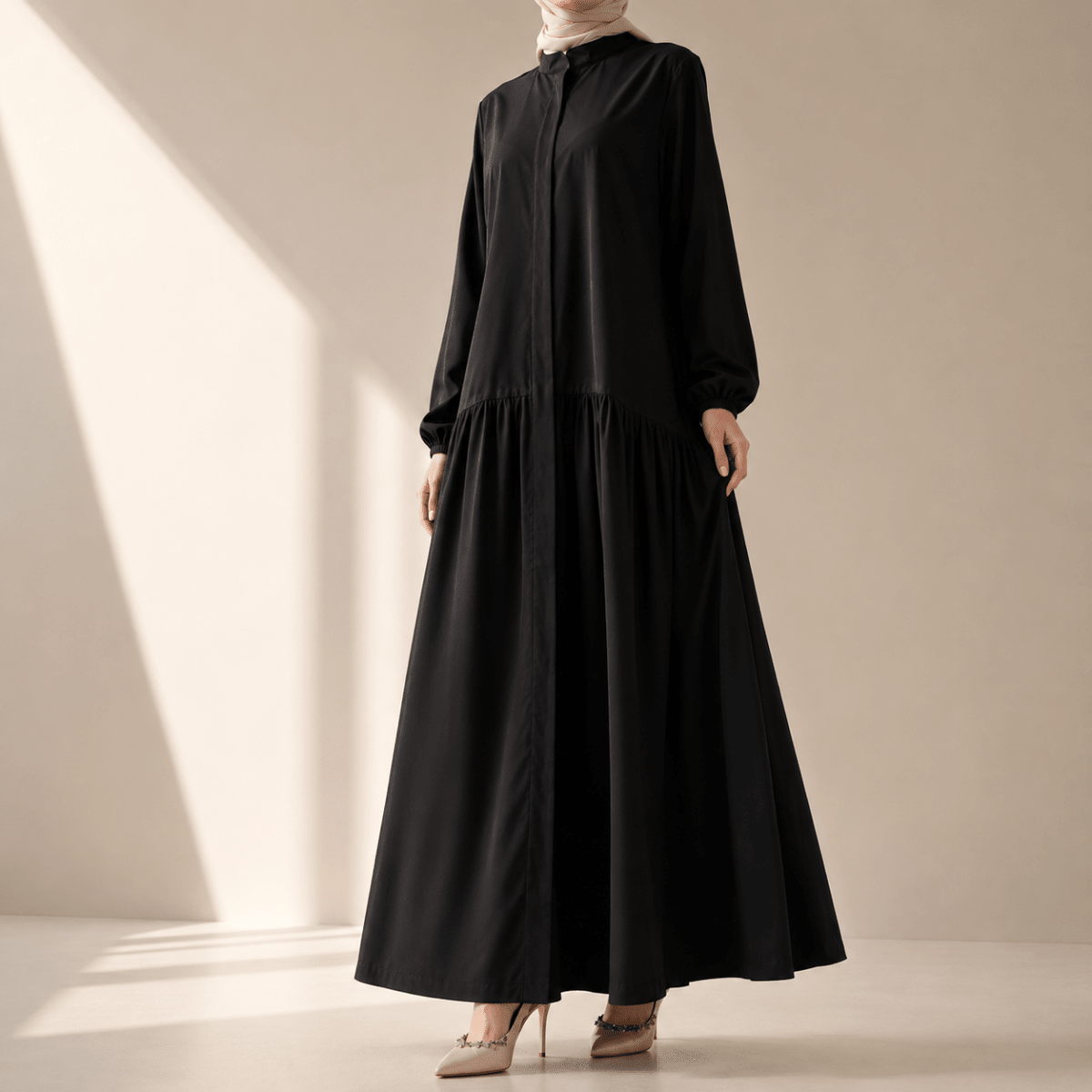 Robe Abaya Maxi Trench Cintrée en Ligne A avec Poches (MA422)