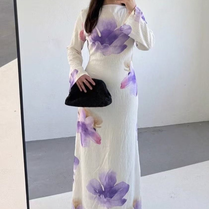 Robe Maxi à Manches Larges en Crinkle Délavé Floral Aquarelle (MS473)