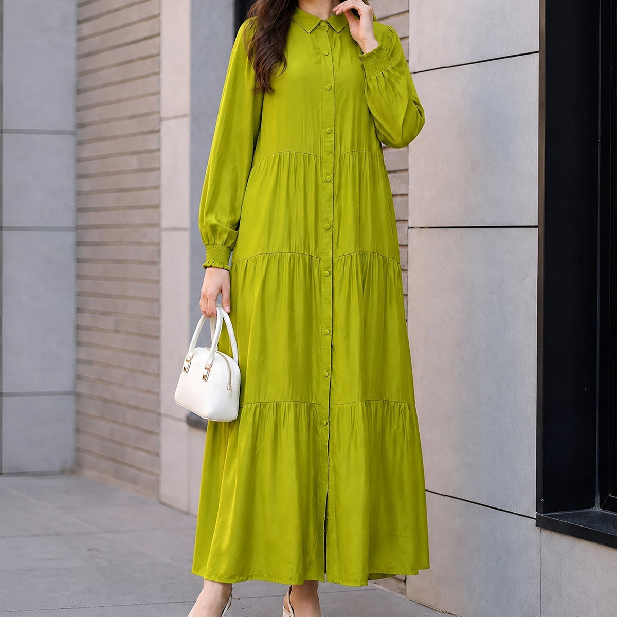 Robe Maxi à Encolure Chemise, Boutons et Volants Étagés (MA465)