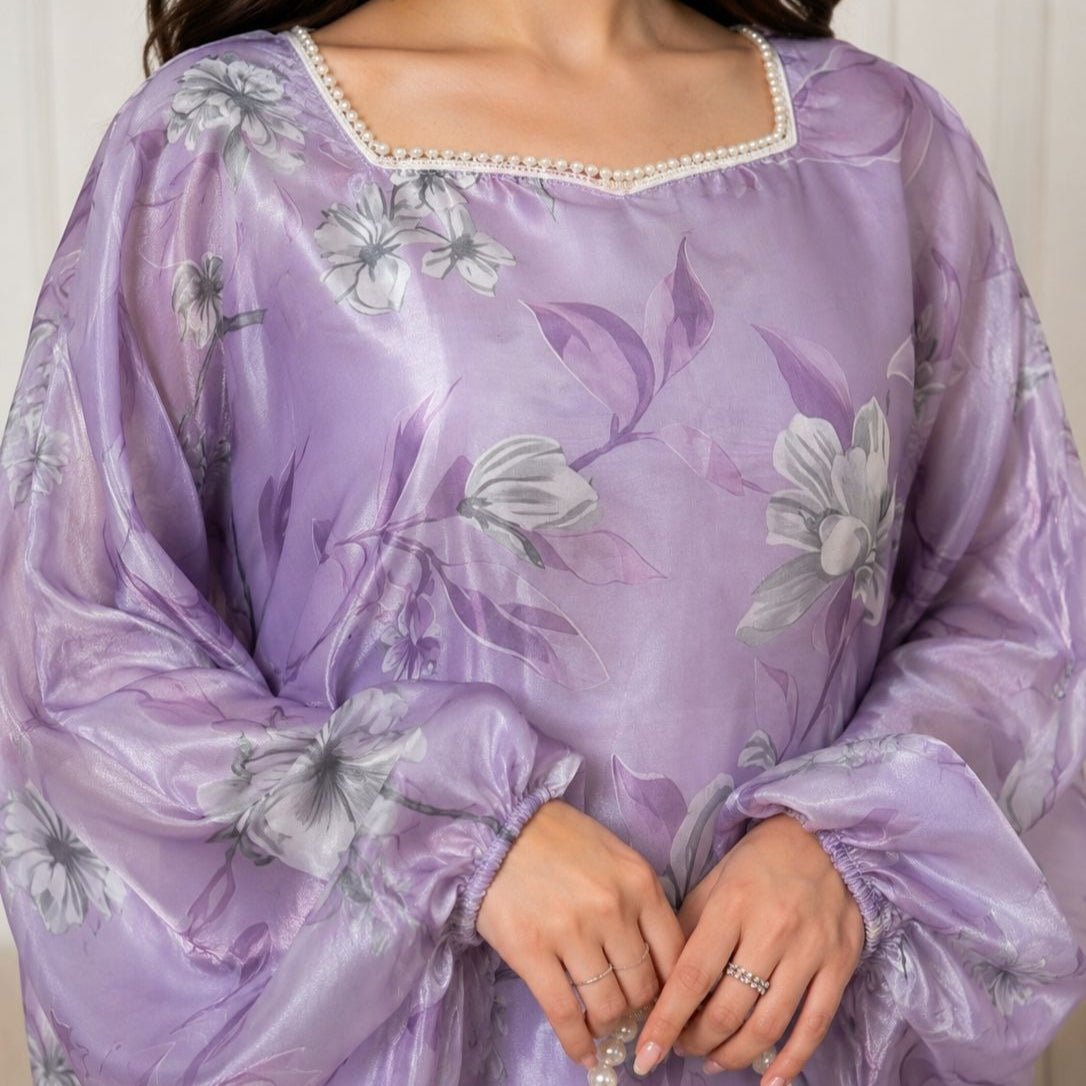 Robe Maxi Effet Organza Imprimé Floral avec Encolure Carrée Perlée (MA457)