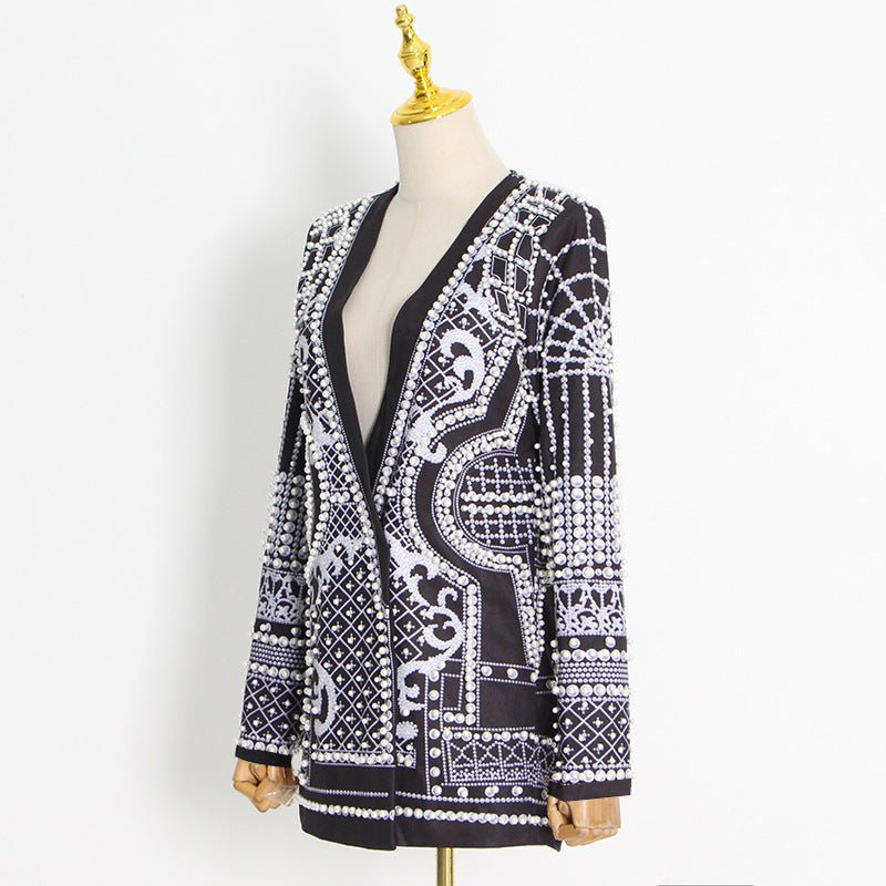 Blazer Vintage Orné de Perles et Perles de Rocaille | Veste de Luxe à Imprimé Géométrique (MS218)