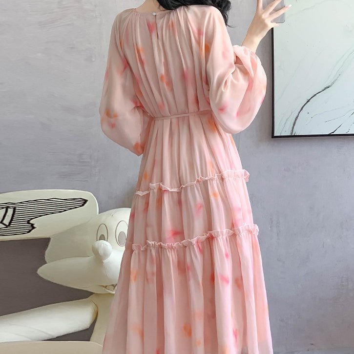 Robe Maxi en Mousseline Imprimée Aquarelle | Robe Étagée à Manches Longues (MS270)