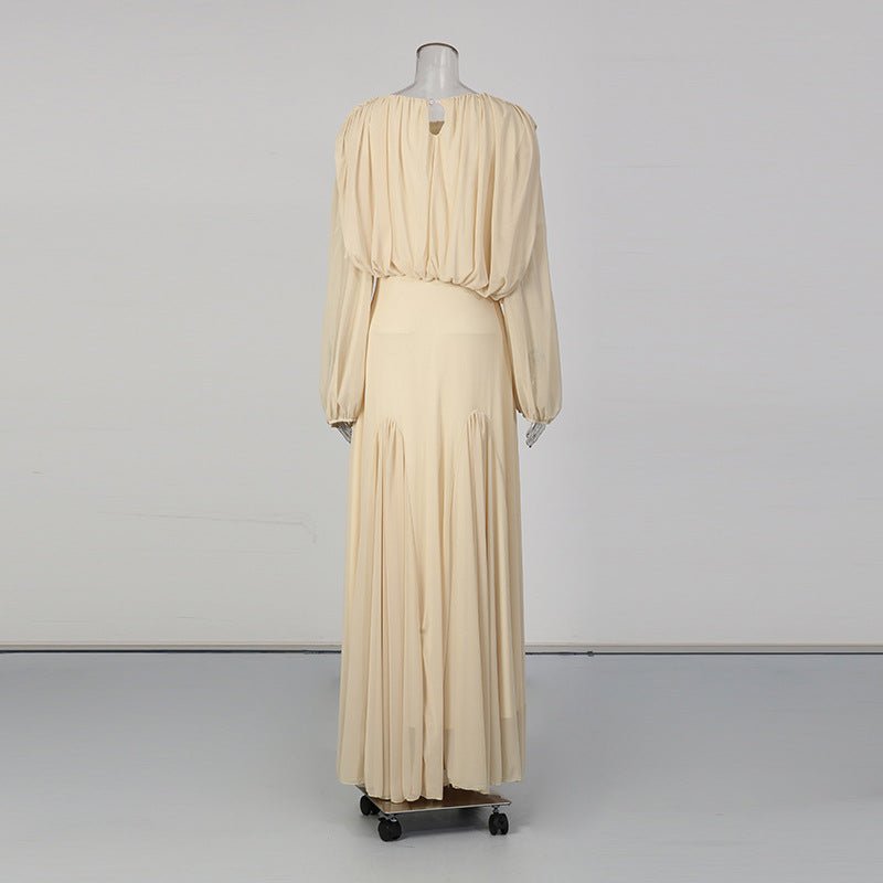 Robe longue col rond, bustier drapé et manches lanterne (MS402)