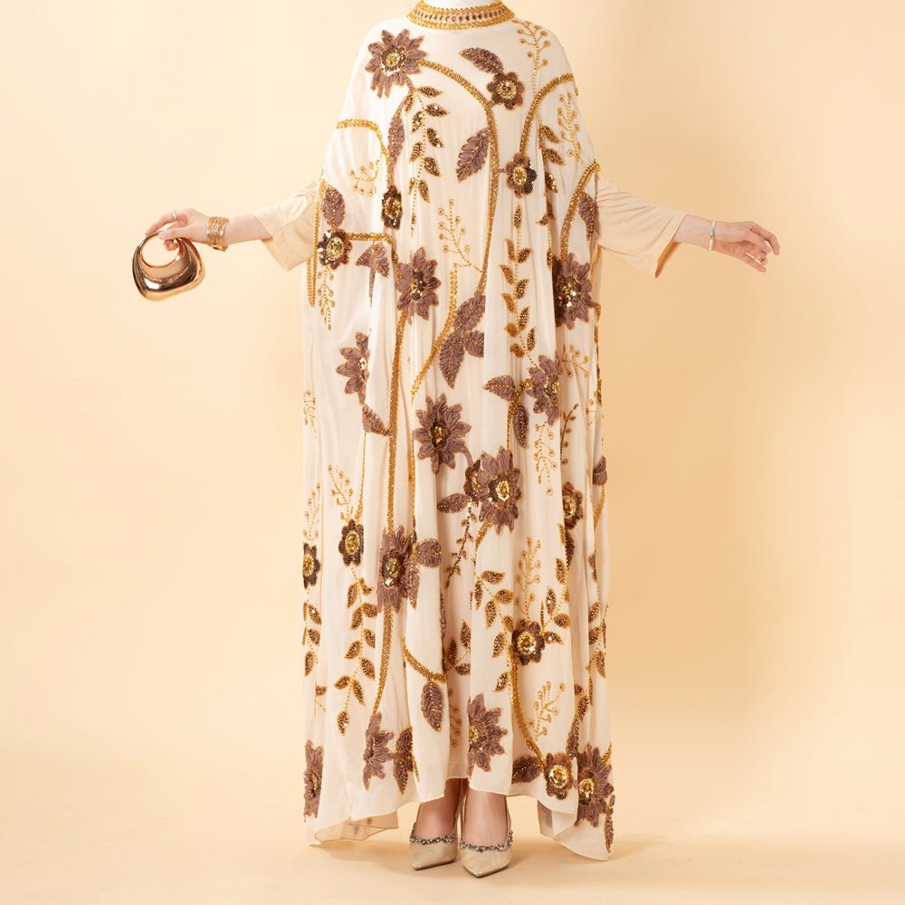 Abaya Floral aux Perles Brodées avec Manches Chauve-Souris Drapées(MA453)