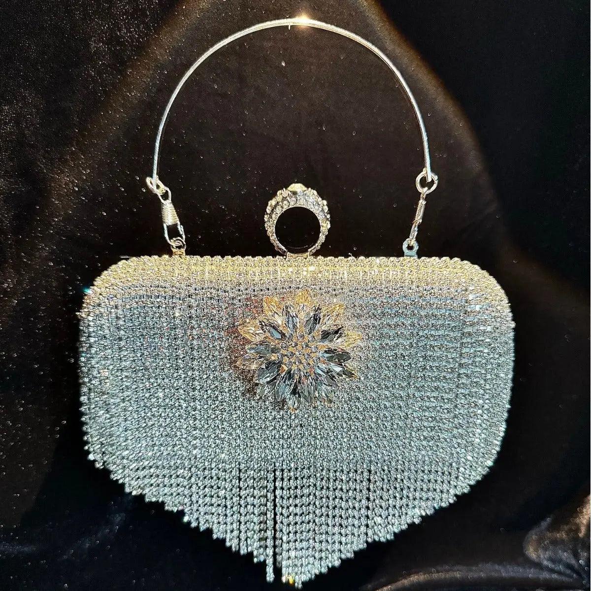MAC056 Pochette de soirée à pompon, sac à main de luxe orné de strass, pour soirée et bal de promo, avec chaîne amovible