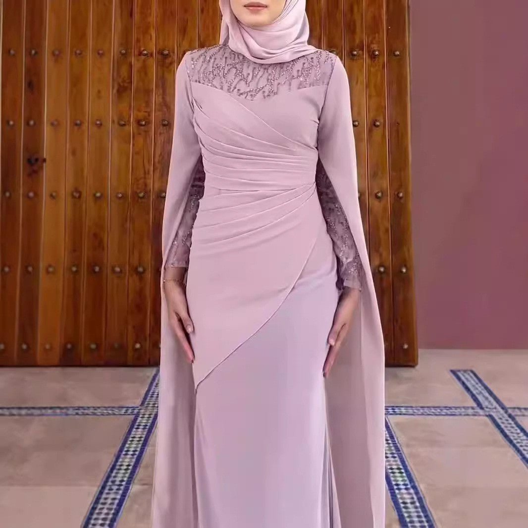 Robe Formelle Ornée de Sequins | Robe Moulante à Manches Longues et Effet Drapé (MS272)