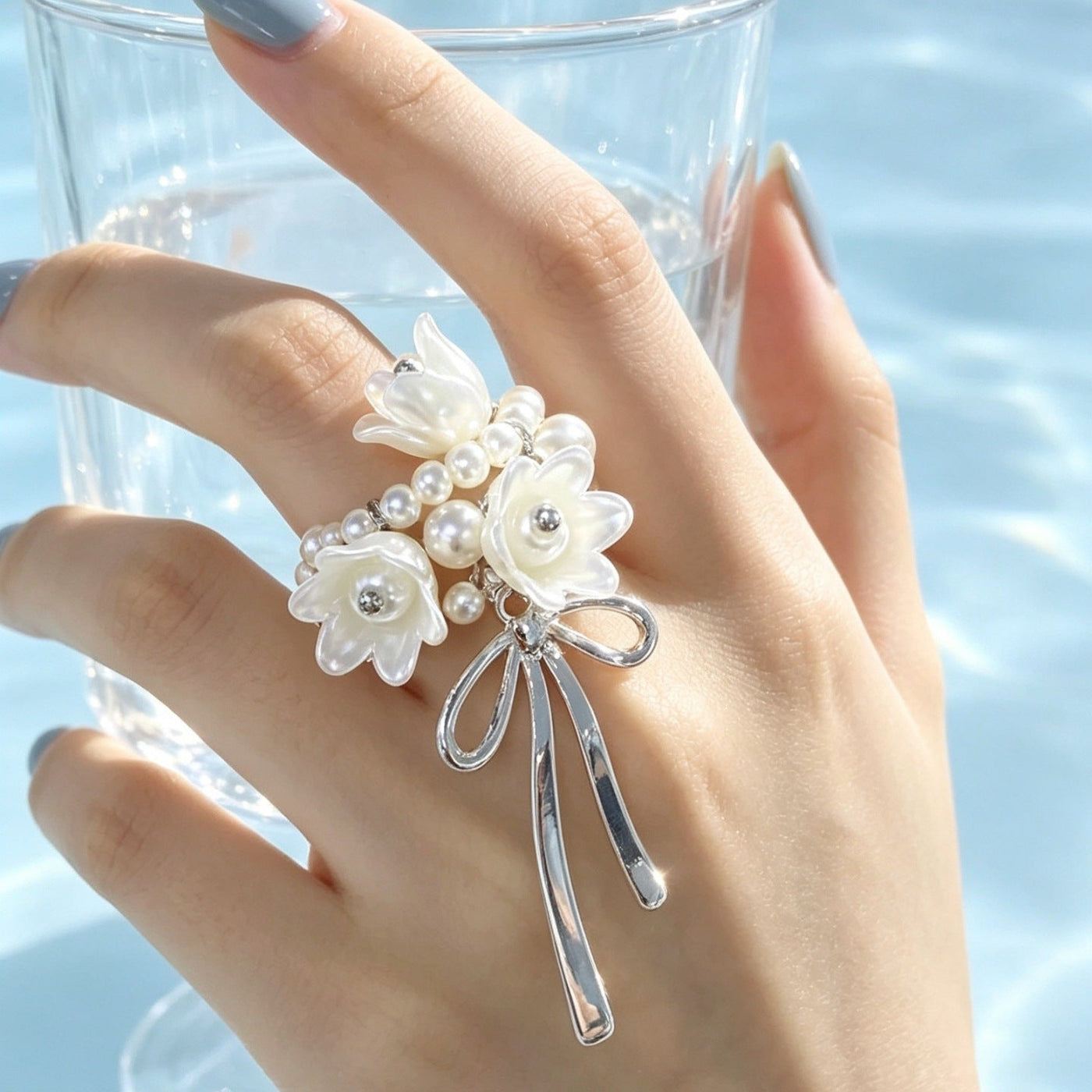 Bague Nœud Nacre Muguet Statement | Bague Florale Ajustable (MAC482)