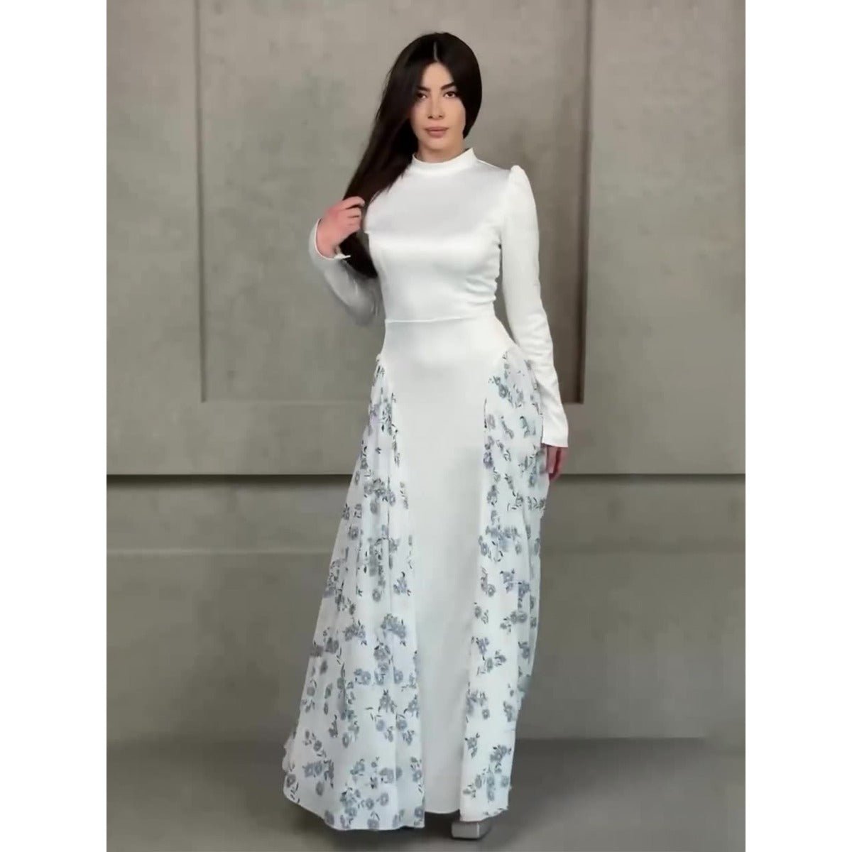 Robe Maxi Noire Tempérament Printanier et Robe Élégante à Col Montant Manches Longues avec Détail Floral (MA220)