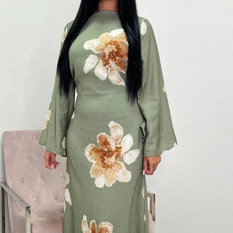Robe Abaya Maxi à Manches Cloche Imprimé Floral (MA214)