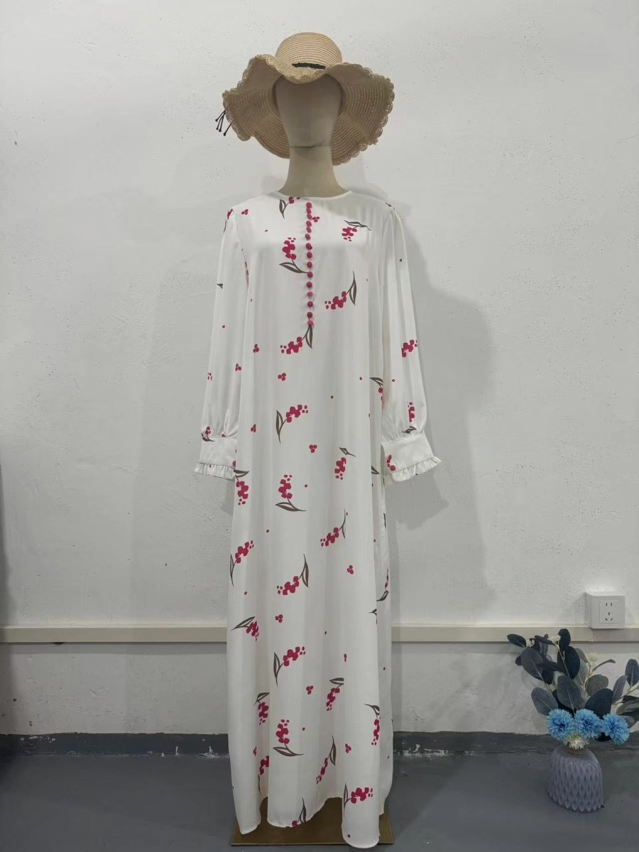 Robe Longue Élégante à Manches Volantées, Motif Floral Rose Romantique, Robe Modeste Abaya (MA227)