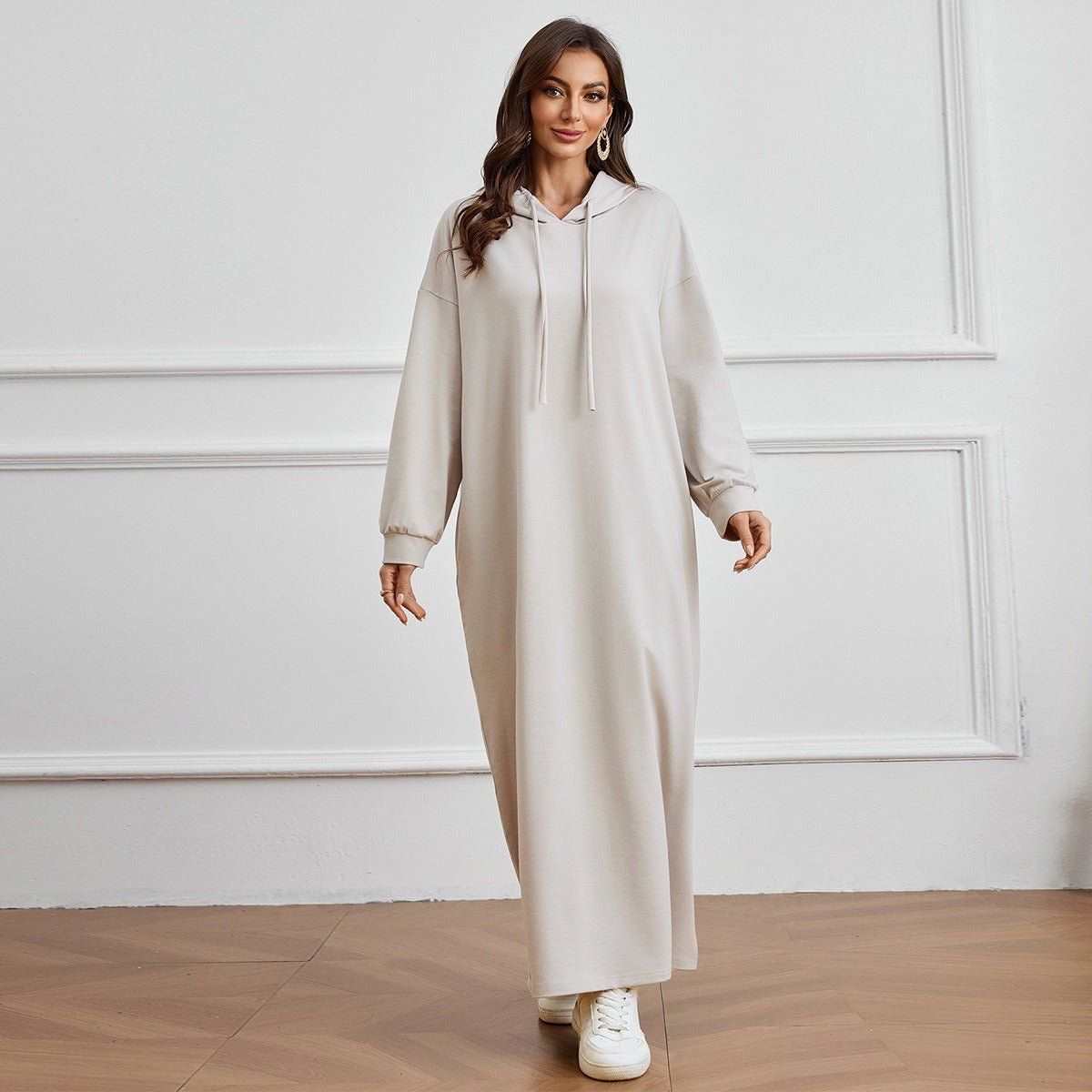 Robe Décontractée à Capuche avec Poche, Couleur Unie - Robe d'Intérieur Pudique à Manches Longues avec Capuche à Cordon (MA282)