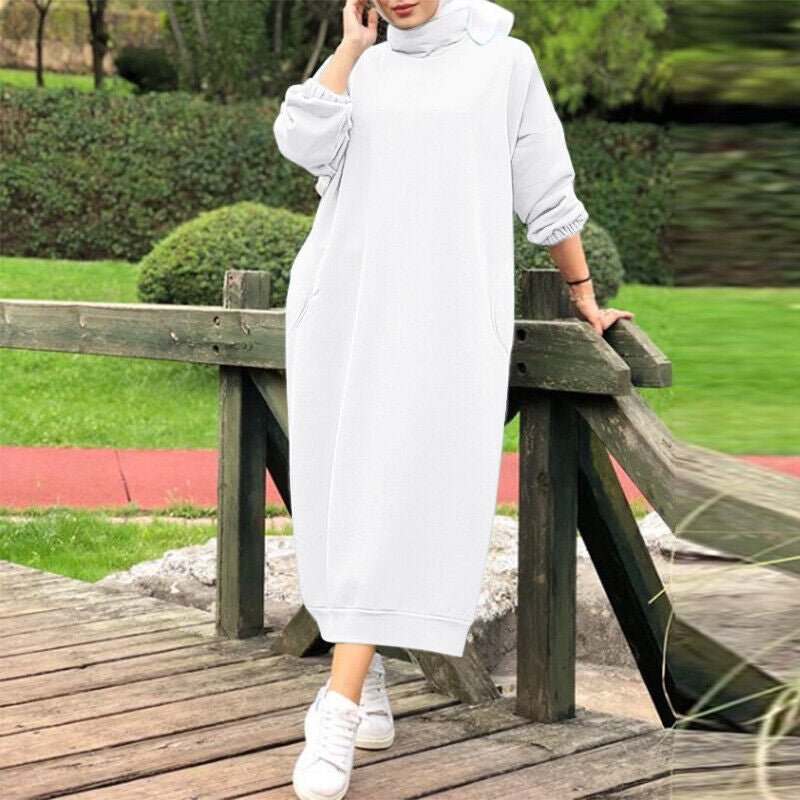Robe Maxi Col Roulé Doublée Automne Hiver | Robe Sweat Décontractée avec Poignets Élastiqués (MS138)