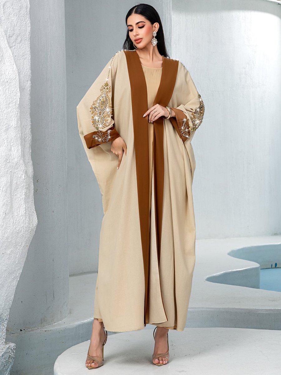 Veste Abaya de Luxe en Perles Rouille pour Mariage et Fêtes Musulmanes, Kaki avec Broderie Dorée Contrastante (MOA158)