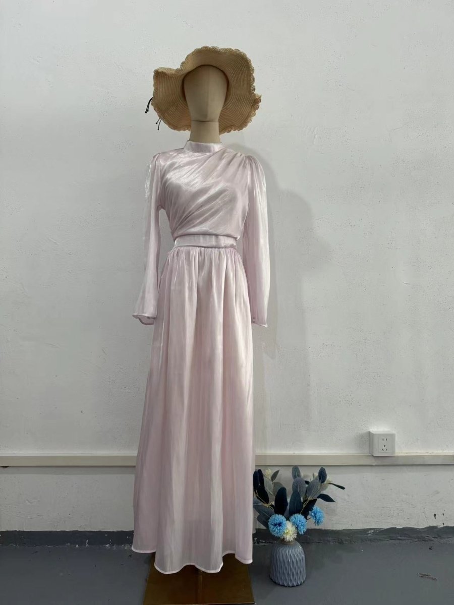 Robe Abaya élégante à col cheminée, taille plissée et manches évasées, tenue idéale pour invitée de mariage (MA199)