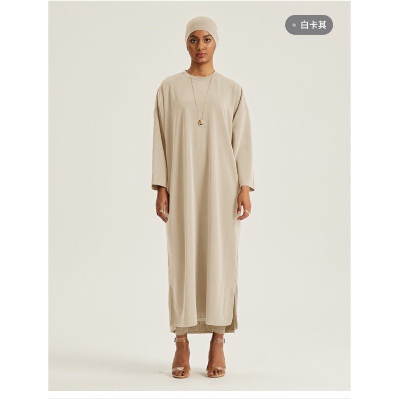 Robe Maxi à Épaules Tombantes et Col Rond - Abaya Modeste Unie avec Fentes Latérales (MA309)