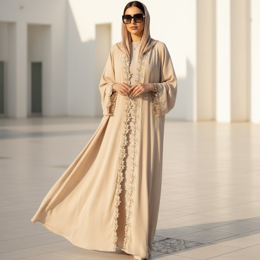 Abaya Leaf Lace Trim | Robe Maxi Ouverte Brodée et Élégante (MOA255)