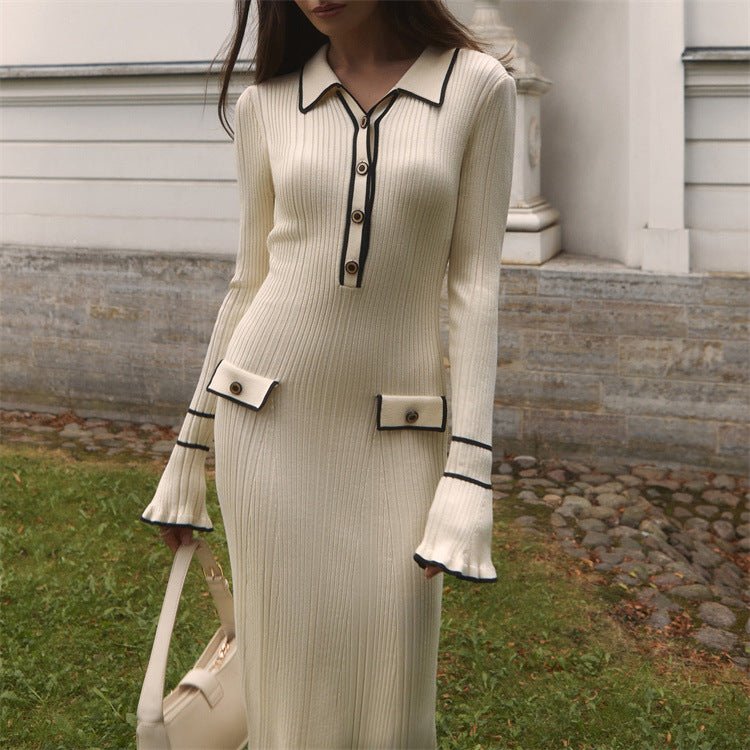 Robe Pull Midi en Maille avec Finitions Volantées de Luxe Française | Robe Pull Midi à Col (MS199)