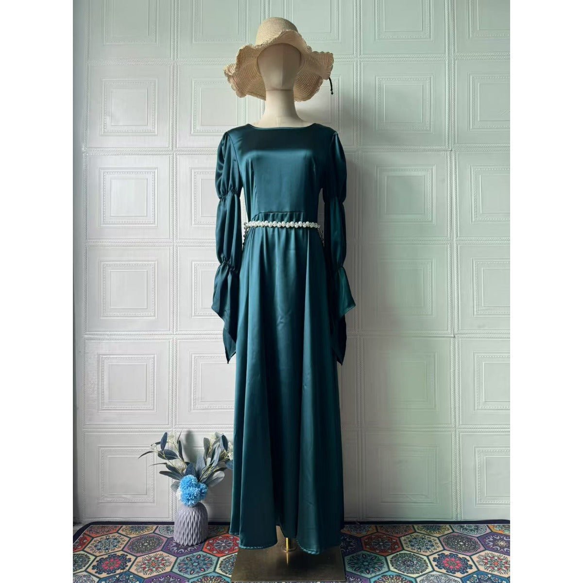 Robe Abaya Longue Coupe Slim de Luxe | Robe Maxi Vert Émeraude (MA217)