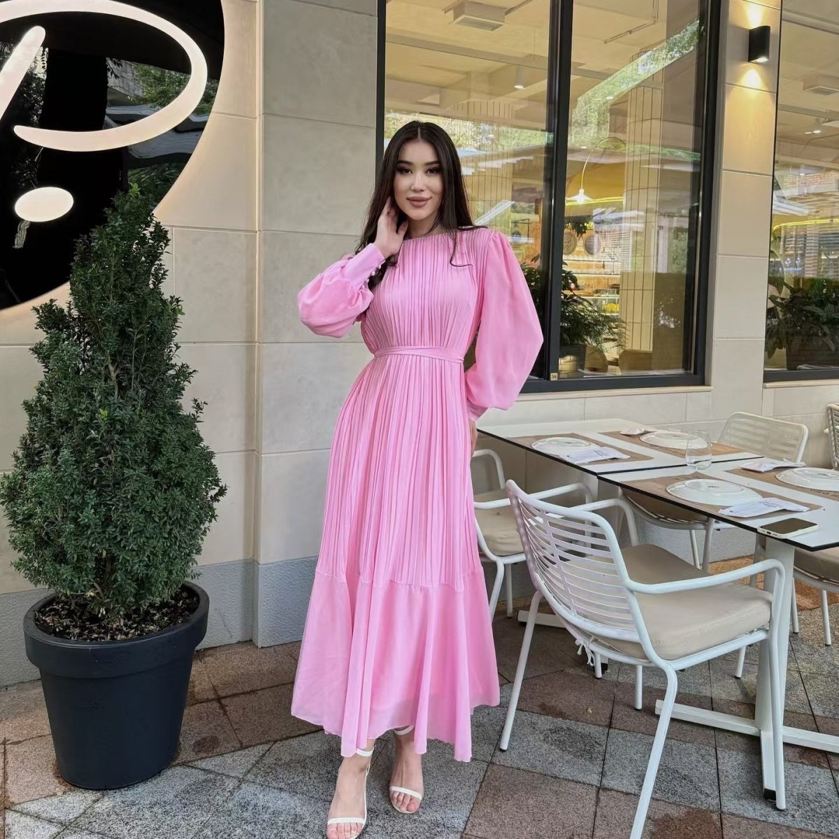 Robe Maxi Plissée à Volants (MS466)