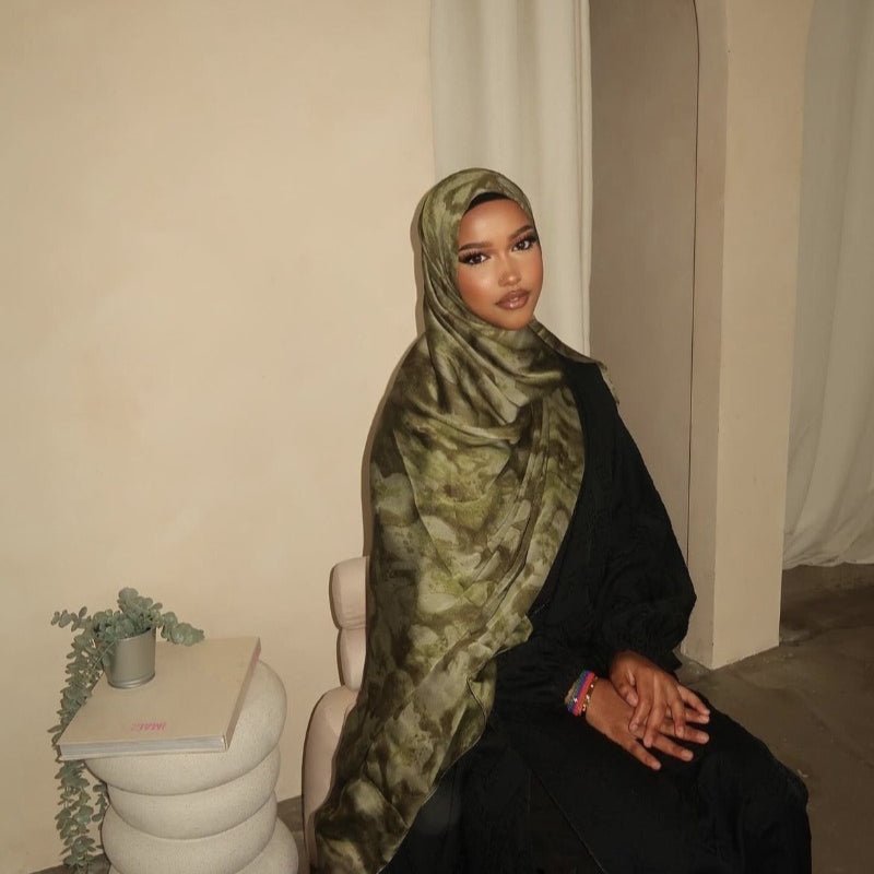 Foulard Hijab Imprimé Luxueux Aspect Soie | Grand Hijab Rectangulaire 180x85cm (MH146)