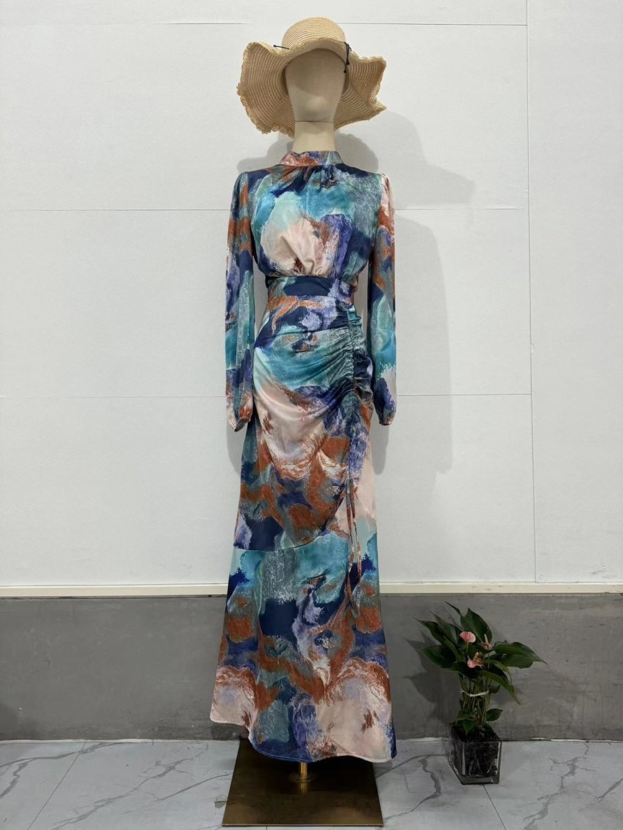 Abaya à Manches Cloche Plissées à Imprimé Exotique (MA166)