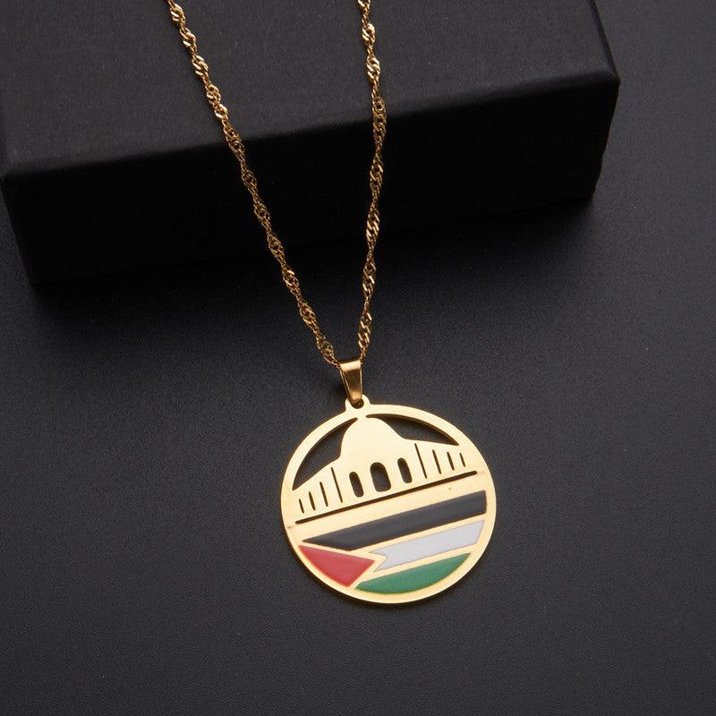 MAC100 Collier pendentif en acier inoxydable vintage, carte de la Palestine et motif keffieh