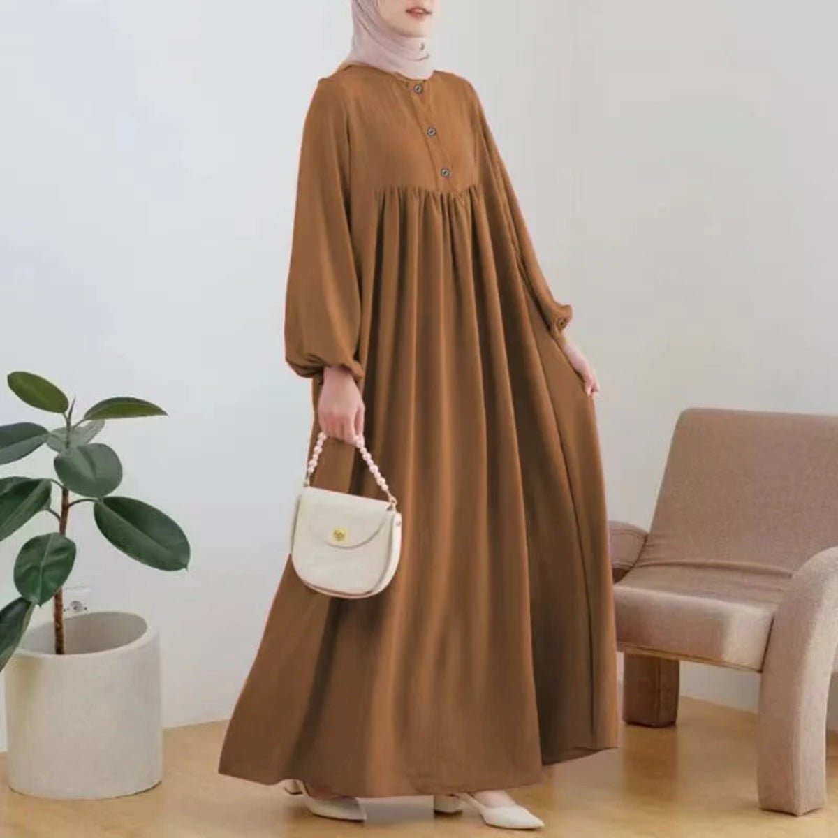 Robe Abaya Maxi Longue Unie à Manches Bouffantes et Boutons, Casual et Élégante (MA157)