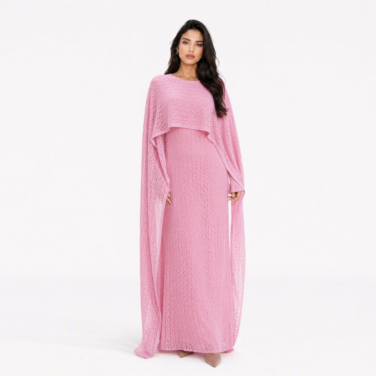 Robe Maxi Doublée à Manches Cape et Dentelle Florale Texturée (MS519)