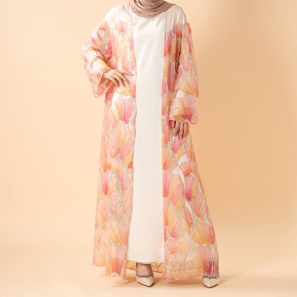 Abaya Ouverte Brodée Main Petal Glow — Collection Secret Garden (MOA295)