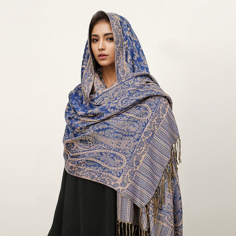 Hijab Vintage Shawl à Motif Fleur de Cajou avec Pompons (MH101)