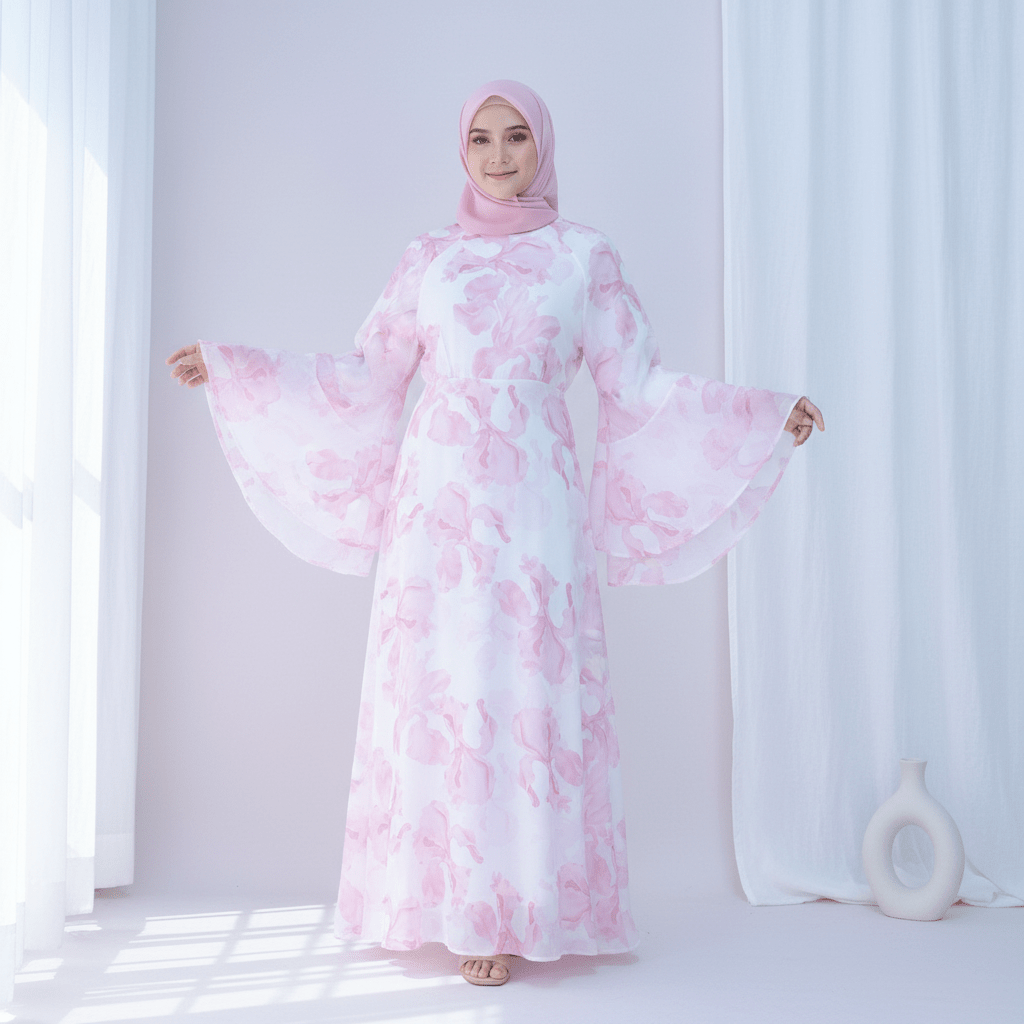 Abaya en mousseline imprimée Blossom | Abaya à manches évasées (MA149)