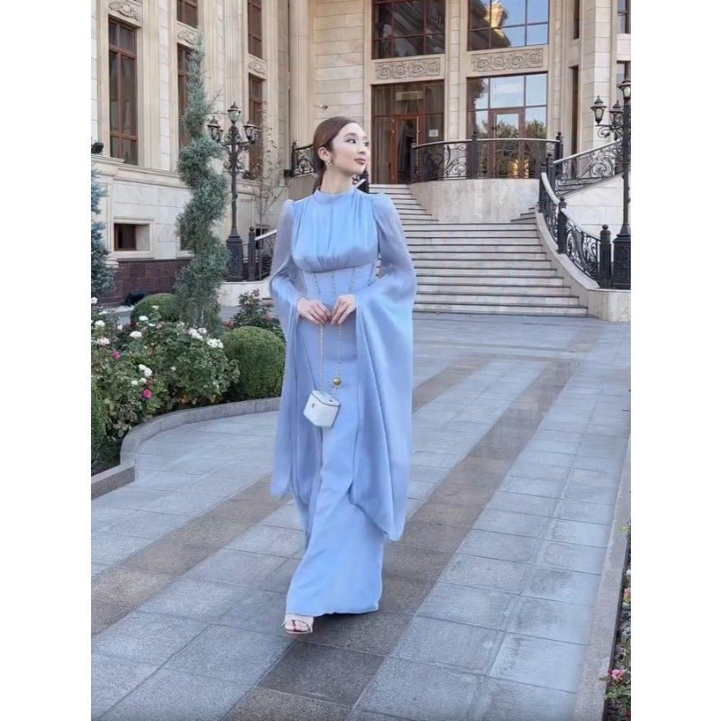 Robe Abaya élégante en satin de soie à manches amples | Robe longue modeste taille haute avec détail de bretelle dos (MA295)