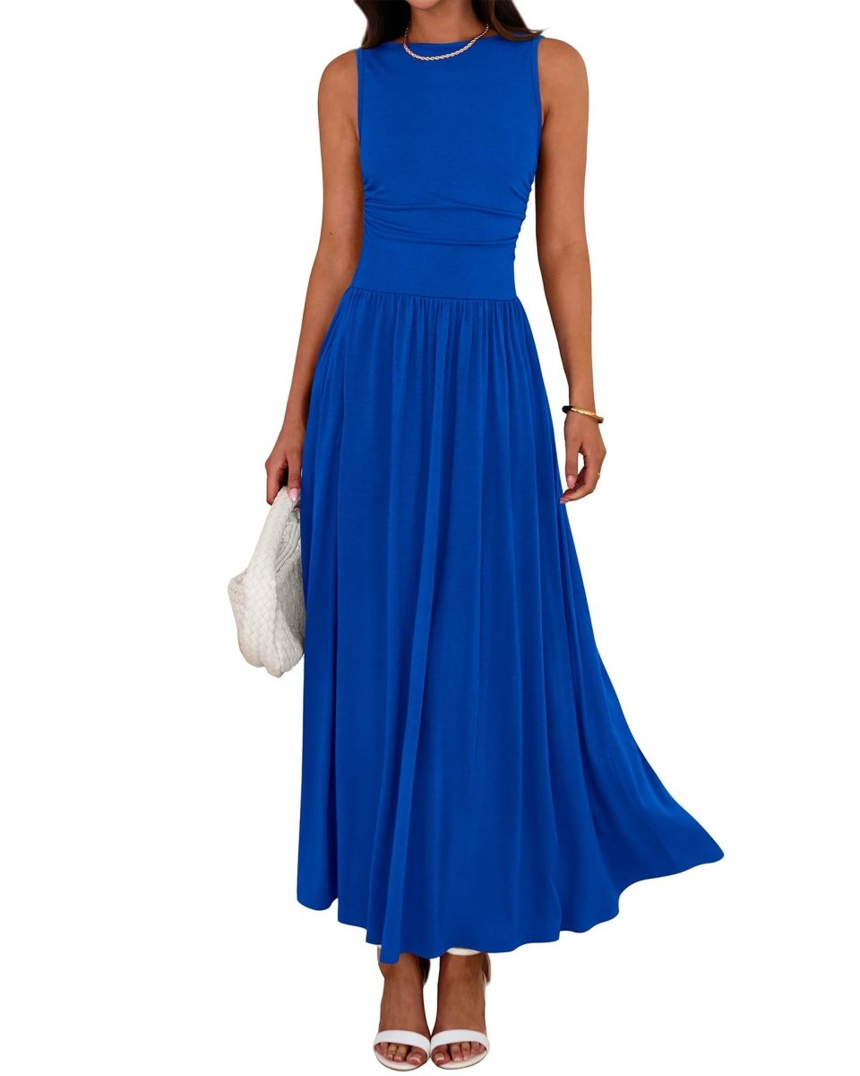 Robe Maxi Sans Manches à Taille Froncée avec Poches (MA395)