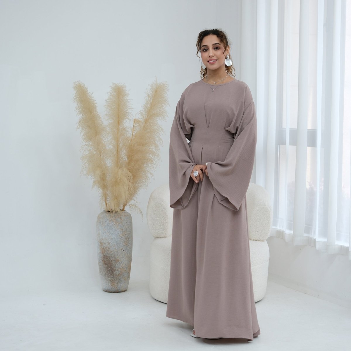 Robe Maxi Plissée à Manches Chauve-Souris (MS453)