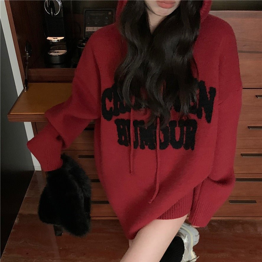 Pull en Maille Imprimé Lettres à Capuche (MS170)