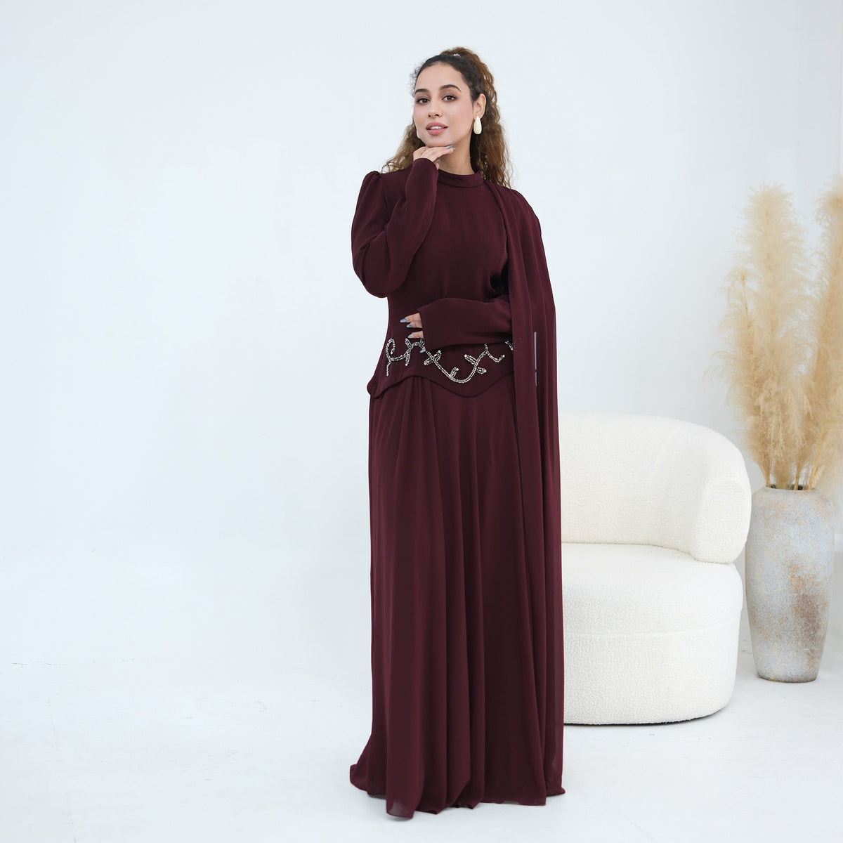 Robe Maxi Cape Sleeve à Taille Perlée(MS499)