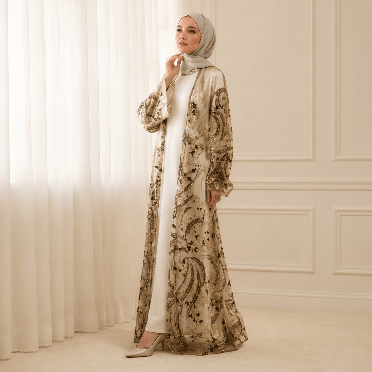 Abaya Ouverte de Luxe Ornée de Perles et de Paillettes Brodées pour Eid & Mariage (MOA305)