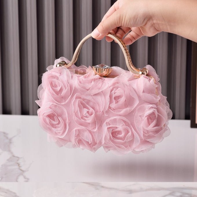 Pochette de soirée fleur rose | Sac de mariage avec poignée métallique (MAC357)